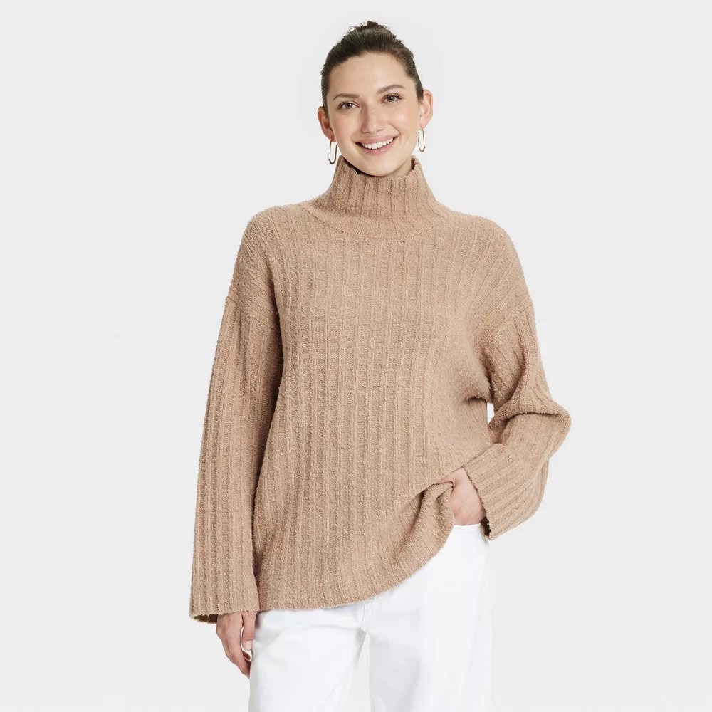 Oversized Turtleneck Long Sleeve Pullover Ribbed Tan‎ Sweater women's NWOT